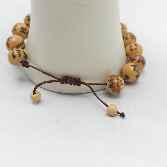 Vintage Wooden Beaded Bracelet Floral with Chinese Lettering Adjustable Cord - Picture 4 of 5